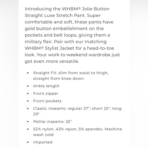 WHBM® Jolie Button Straight Luxe Stretch Pant - Picture 7 of 9
